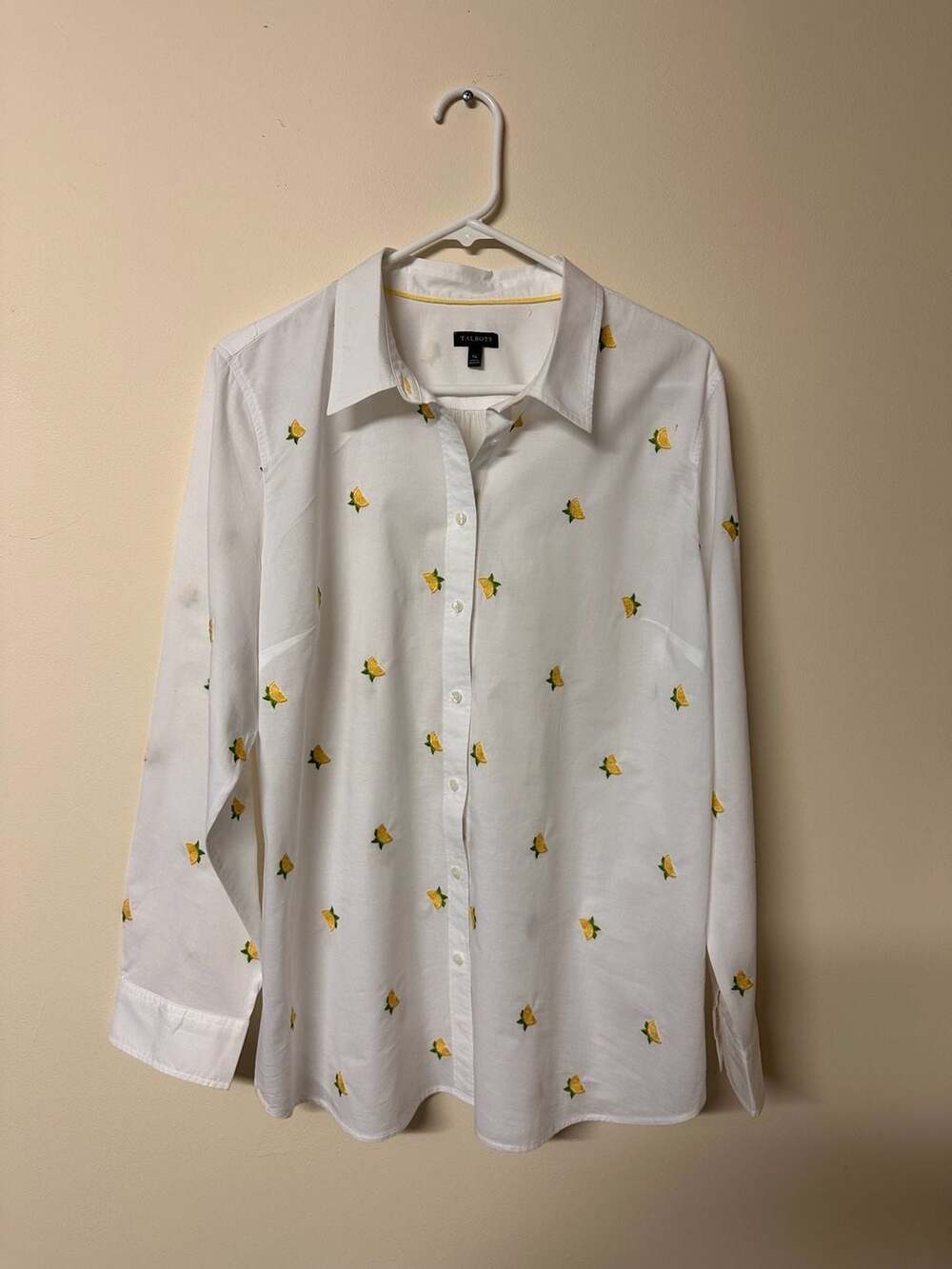 Talbots Classic Cotton Shirt Embroidered Lemons White Button Down Size XL